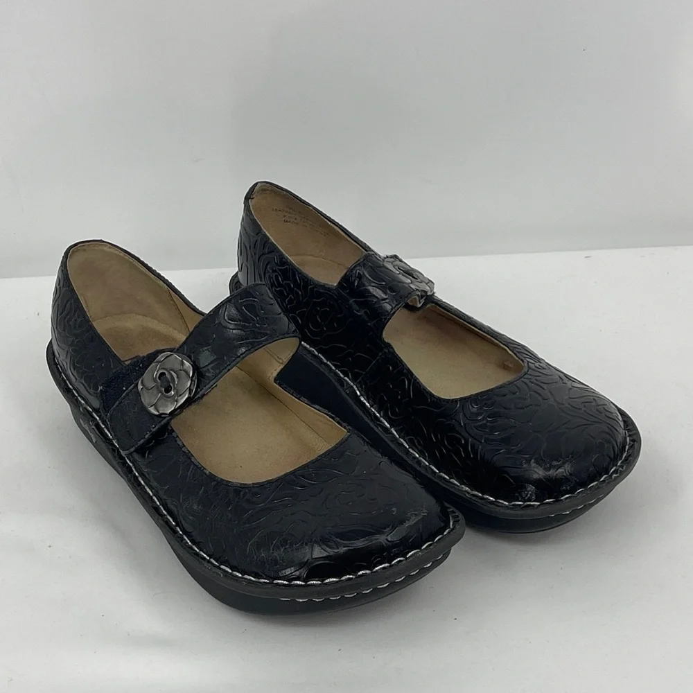 Alegria Black Embossed MARY JANE Shoes WOMENS SIZE 37 LEATHER UPPER